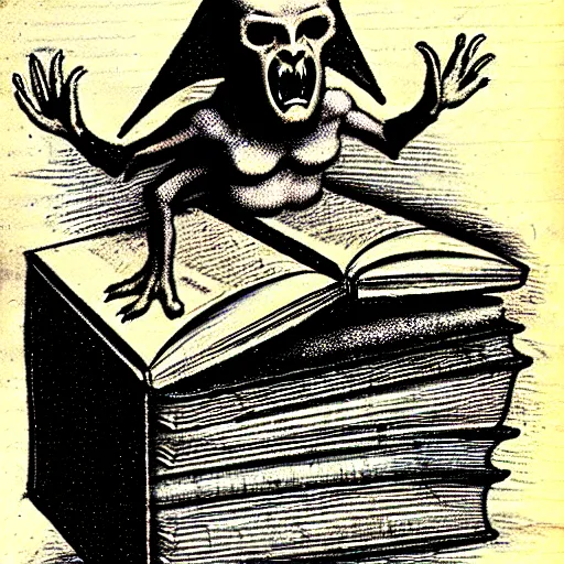 Prompt: a devilish spirits emerging from a book ontop of a computer, renaissance era sketch, satanic, ritual