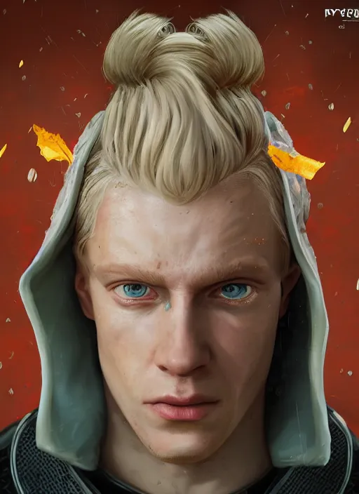 Image similar to An epic fantastic realism comic book style portrait painting of Lucius the most beautiful pale blond man in the universe, flowers rain everywhere, fisheye lens, Apex Legends Concept Art, porcelain, unreal 5, DAZ, hyperrealistic, octane render, cosplay, RPG portrait, dynamic lighting