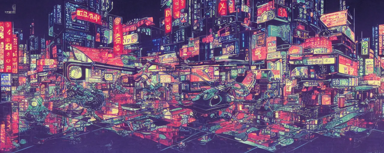 Prompt: robot frog destroying the center of a futuristic sci-fi asian city at night, signboards, neon lights, blade runned color palette, by Yasunari Ikenaga, Yamato, Macross