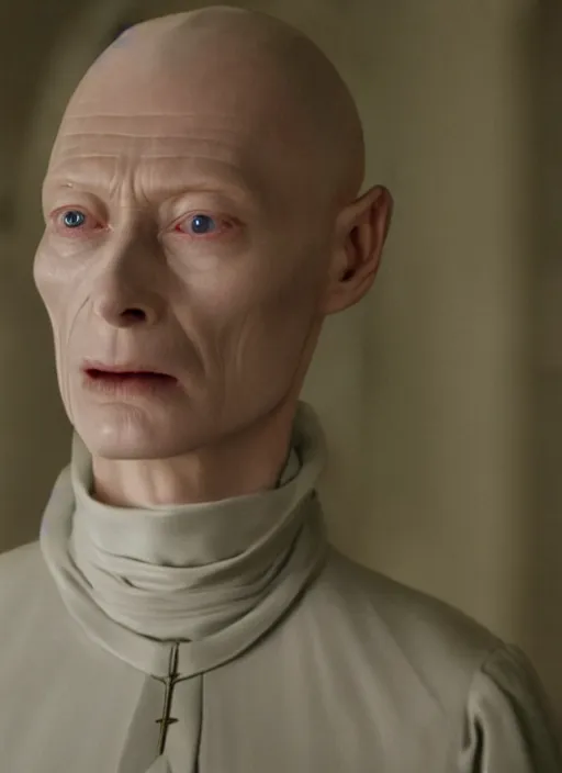 Image similar to film still of tilda swinton as voldemort in harry potter, 4 k, ( voldemort nose )