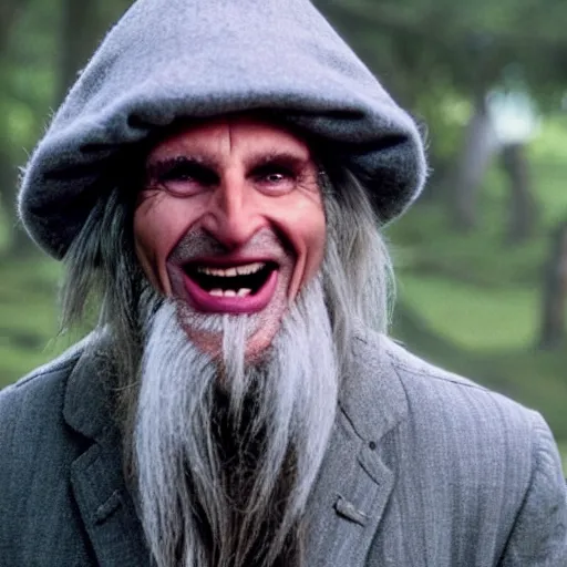 Prompt: patrick bateman as an old druid wizard, bald, bushy grey eyebrows, long grey hair, disheveled, wise old man, wearing a grey wizard hat, wearing a purple detailed coat, a bushy grey beard, sorcerer, he is a mad old man, laughing and yelling