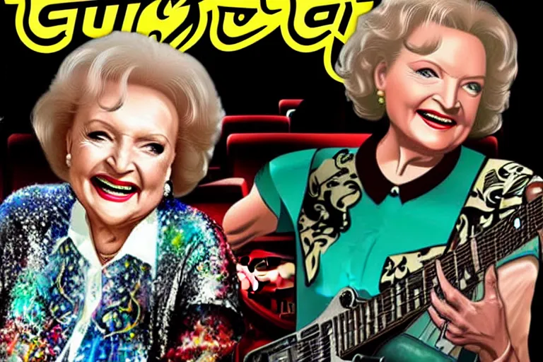 Prompt: betty white on the cover of guitar hero