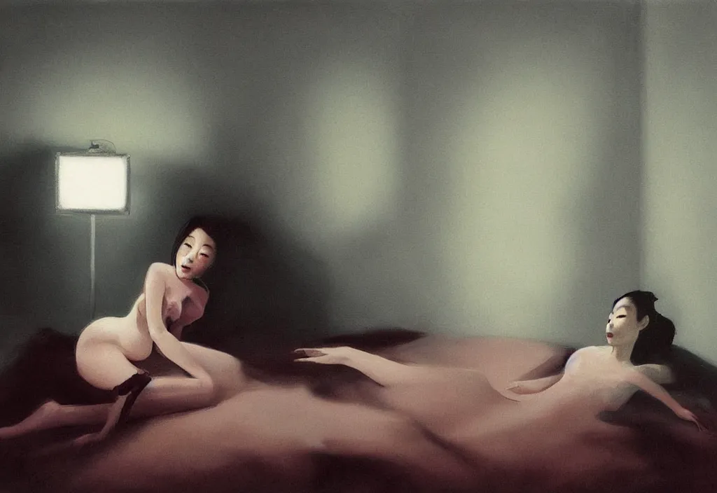 Prompt: famous japanese actress girl seeing the shadow of her desires on the bed of abandoned nightmare house with a light from a window projecting her secret dreams in negative space, painting by Peter Mohrbacher, Edward Hopper from photo of Todd Hido and style of Edward Hopper, Francis Bacon, colors of Mark Rothko!!! style of Peter Doig, dark atmosphere, highly detailed