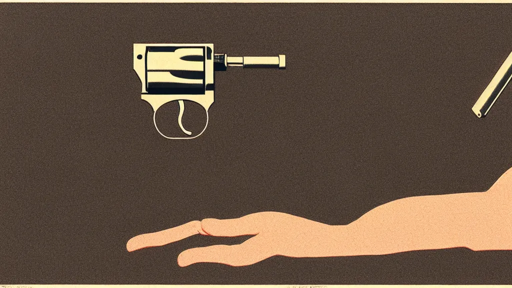 Image similar to I threw heavy objects down to kill the man, while he shot at me. I found a revolver but there were no bullets , screen print by Kawase Hasui and jeffrey smith, rendered in octane render 32k