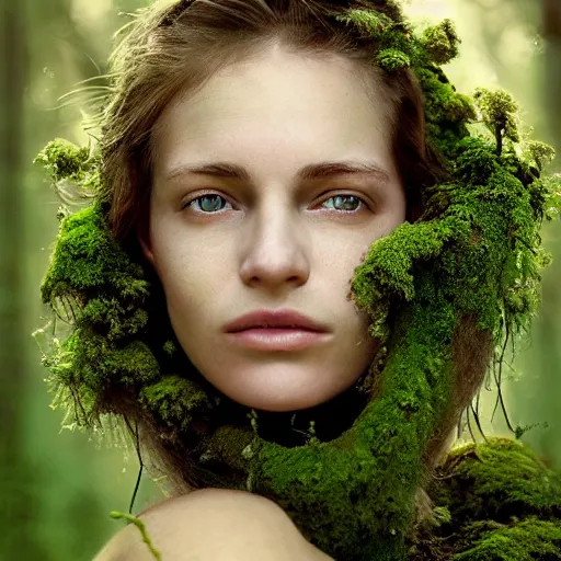Image similar to beautiful portrait of a woman\'s face, her skin covered in moss and flowers, golden sunlight, extremely detailed, hyperrealistic, photo by annie leibovitz, masterpiece, award-winning