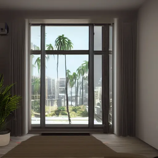 Prompt: a very high resolution picture of a room in an apartment in the 8 0 ’ s, palms from the window, hyper realistic, photography, award winning photography, unreal engine, 8 k,