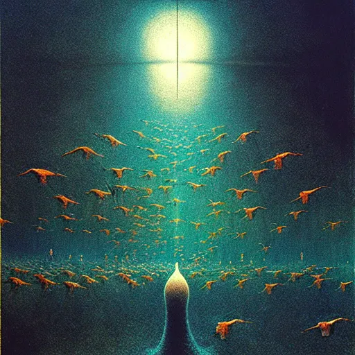 Image similar to hundreds flying birds, shining light, by beksinski, shining light, strong perspective, clear geometry, architecture, Award winning. Masterpiece, detailed illustration