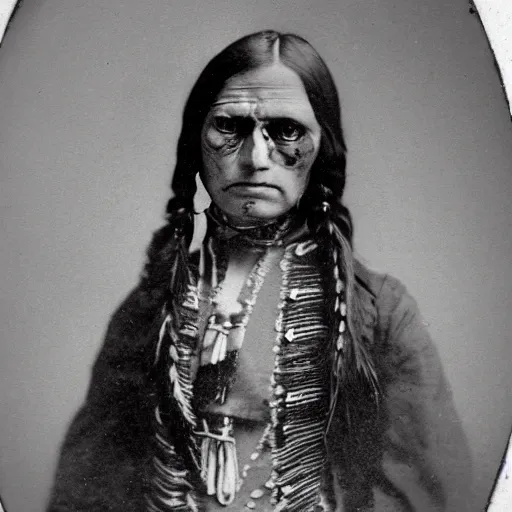 Image similar to victorian photo portrait of a scary horror monster and a native american warrior girl, 1825