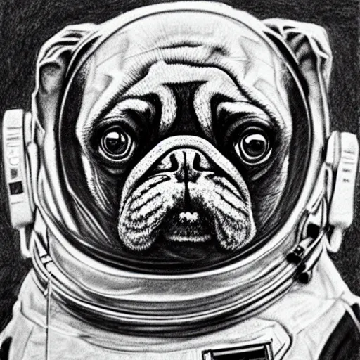 Image similar to pencil art, golden - ratio, spirals, highly detailed, astronaut pug in outer space by davinci.