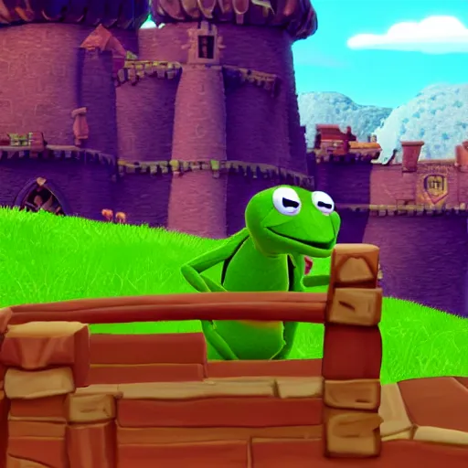 Image similar to screenshot of a kermit the frog as an npc in spyro the dragon video game, with playstation 1 graphics, activision blizzard, upscaled to high resolution