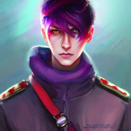 Image similar to colorful and festive captivating teenager boy with straight purple hair, purple eyes with red eye markers, slim body, wearing japanese combat clothes. rich vivid colors, ambient lighting, dynamic lighting, 4 k, atmospheric lighting, painted, intricate, highly detailed by charlie bowater