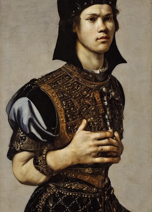 Prompt: a portrait of a Magnus Carlsen , with a black and white checkered armor and a crown, oil painting in a renaissance style , very detailed, painted by Artemia Gentileschi , Caravaggio, Titian, Rembrandt.