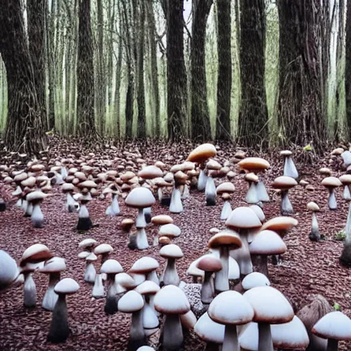 Prompt: a forest of giant mushrooms, different weird creatures are walking among the mushrooms, detailed professional photo