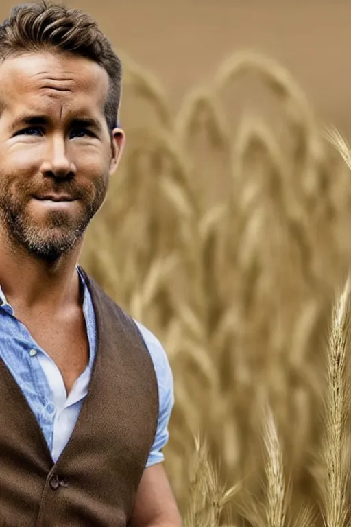 Prompt: ryan reynolds with hair of wheat field, photorealistic