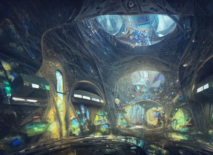 Image similar to favela spaceship cathedral, underwater environment, sorcery, scenery, professional, award - winning, trending on artstation, hyper detailed, realistic, beautiful, emotional, shiny, somber, picture