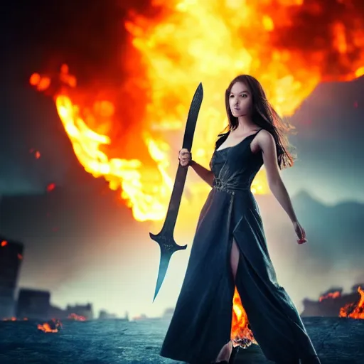 Image similar to a beautiful girl with a beautiful face in a torn dress holding a sword against the background of a burning city, finale fantasy