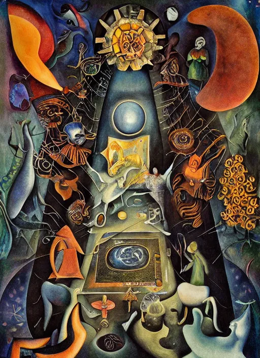 Image similar to tarot card by leonora carrington and james jean, in the style of a psychedelic 6 0's poster : : ultra - detailed technical precision : : high definition 3 d render, unreal engine