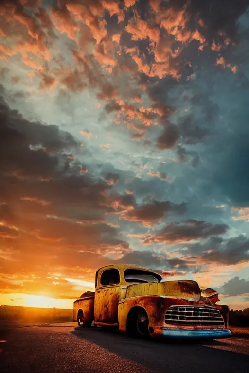 Image similar to a sunset light landscape with historical route 6 6, lots of sparkling details and sun ray ’ s, blinding backlight, smoke, volumetric lighting, colorful, octane, 3 5 mm, abandoned gas station, old rusty pickup - truck, beautiful epic colored reflections, very colorful heavenly, softlight