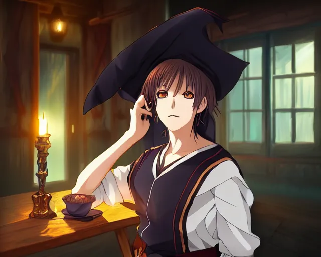 Image similar to key anime visual portrait of a young female witch in a tavern interior, dynamic pose, dynamic perspective, cinematic, dramatic lighting, muted colors, fine detail, textured