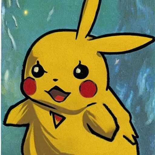 Image similar to van Gogh paintings pokemon card Pikachu glistening in oil, posing. McGinnis, pulp comic style, circa 1958, photorealism