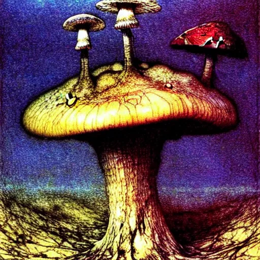 Image similar to strange mushroom by beksinski, luis royo and arthur rackham