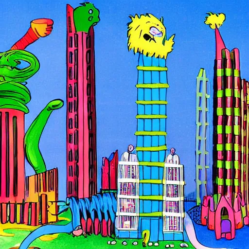 Image similar to building by dr seuss, with towers, bridges, stairs, childrens book