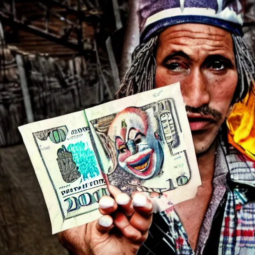 Image similar to A clown holding a dollar banknote, background is a slum, cinematic, epic, highly-detailed, photo realistic