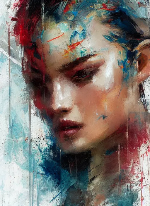 Prompt: photo of a gorgeous young woman in the style of Guy Denning, draped in flowing fabric, colorful impasto brush strokes, realistic, sharp focus, 8k high definition, insanely detailed, intricate, elegant, art by Craig Mullins and Jeremy Mann