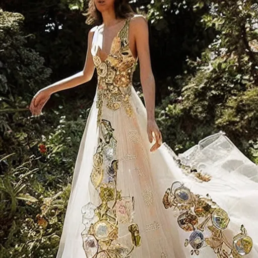 Image similar to a long wedding dress with a train made of flower petals made of light - colored fabric. transparent in places. in places, patterns of precious stones. intricate patterns of gold thin threads. fantasy. clear details