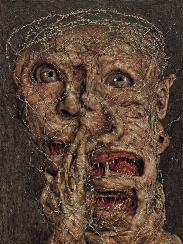 Prompt: a boy made of barbed wire looking into camera, screaming in pain, by giuseppe arcimboldo and ambrosius benson, renaissance, intricate and intense oil paint, a touch of beksinski and hr giger and edward munch, realistic