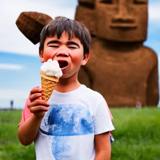 Prompt: a very upset and crying kid holding an ice cream cone with a small moai statue in the ice cream cone, 4 k photograph