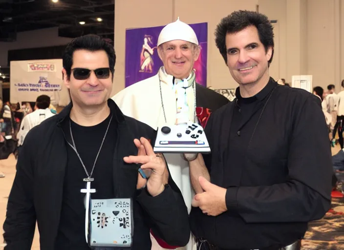 Image similar to tommy tallarico posing with the pope holding an intellivision controller at electronic gaming expo