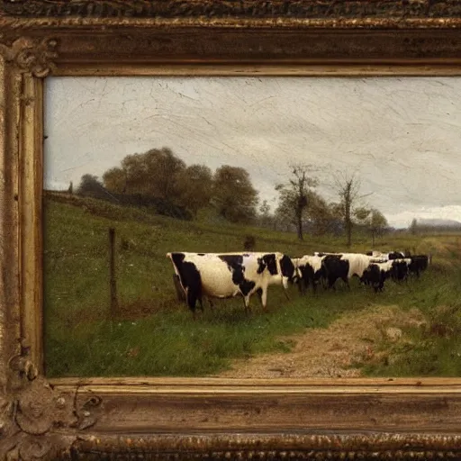 Prompt: a herd of cows on a country road, 1 9 th century painting, anton mauve