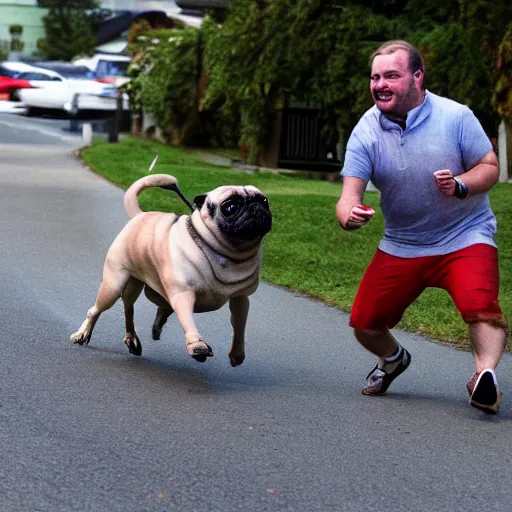 Prompt: pug chasing a man