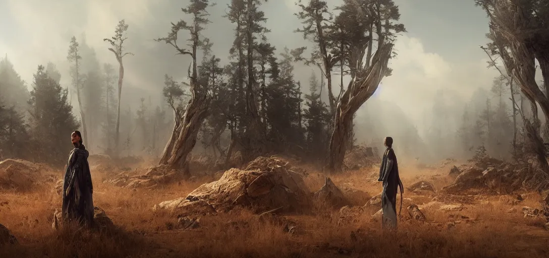 Prompt: hyperrealistic beautiful cinematic cyborg time traveler, desert, pine forest, stunning 3 d render inspired by istvan sandorfi & greg rutkowski, perfect symmetry, dim volumetric cinematic lighting, 8 k octane comprehensive render, extremely mega hyper - detailed and lifelike attributes & atmosphere, intricate, realistic flesh texture, masterpiece, artstation, stunning,