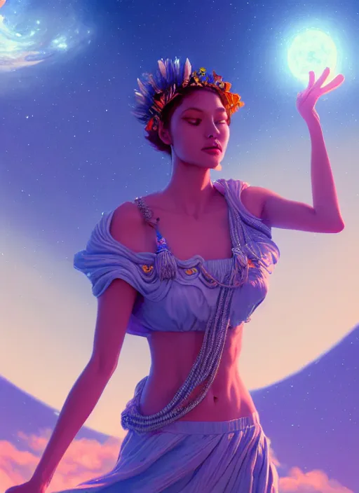 Image similar to a beautiful goddesses, full body, planets, sky, dream, highly detailed, digital painting, refreshing, trending on artstation, octane render, illustration by james jean