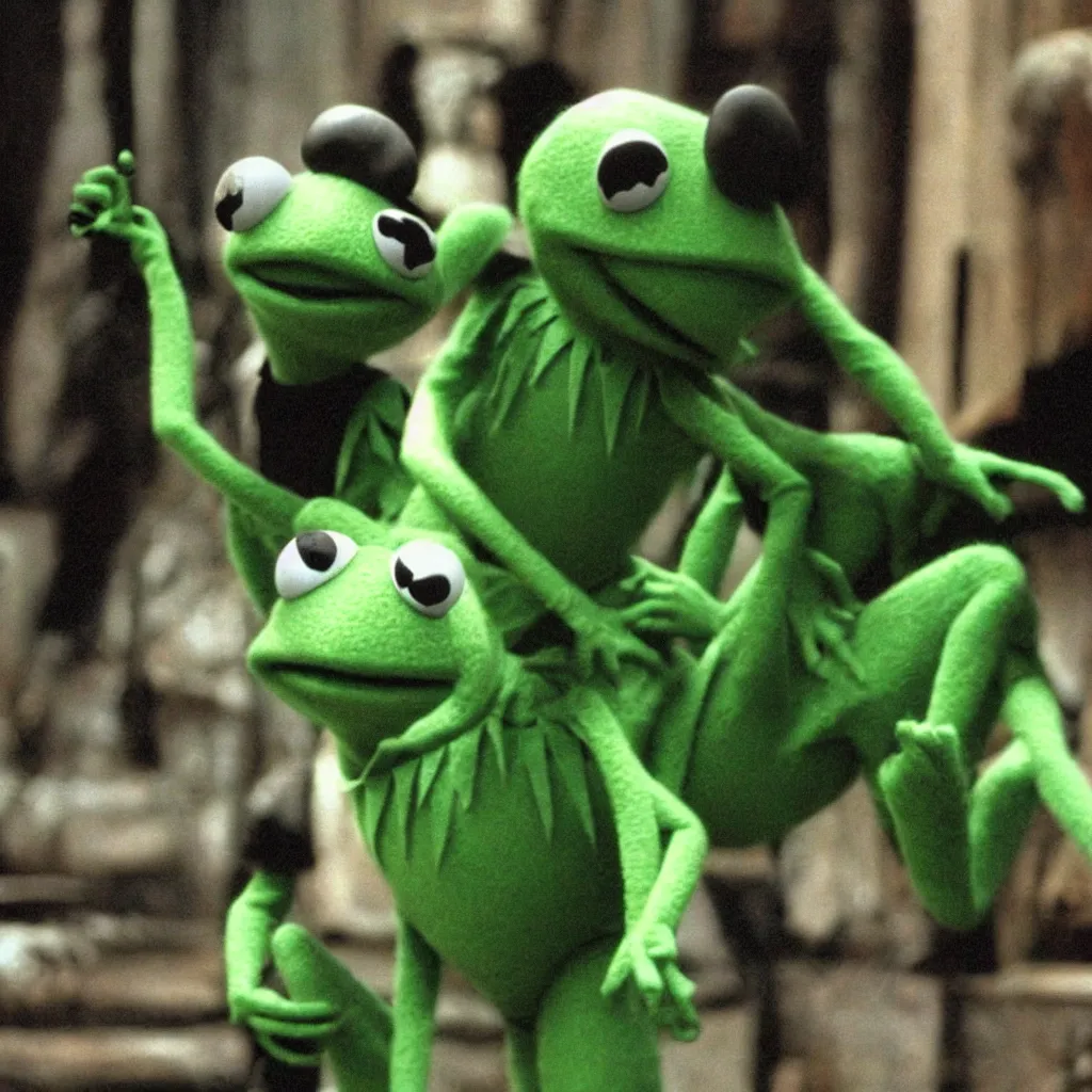 Image similar to kermit the frog as neo in the matrix ( 1 9 9 9 )