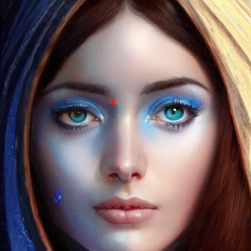 Image similar to ameera al taweel, bright blue eyes, long wavy black hair, white veil, front closeup, cinnamon #b57e59 skin color, highly detailed, centered, oil painting, artstation, concept art by tom bagshaw