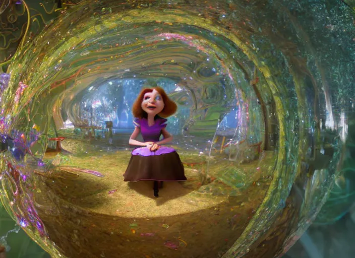 Image similar to a pixar alice from wonderland sitting on top of a non - euclidean infinite tunnel of evanescent hallucinatory images in endless mirrors that temporarily cling to a virtual node of experience called the self in an illusion called spacetime, hyperdetailed, octane render, nvidia raytracing demo