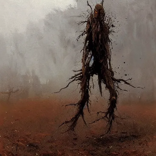 Image similar to painting by jakub rozalski of a muddy rooted humanoid creatures