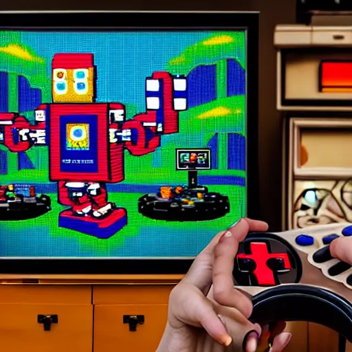 Prompt: an elaborate robot holding a retro game controller in its hand, on screen 8 - bit video game shown in background, intricate details, hyperrealistic oil painting on canvas, depth field, hd, hdr, 4 k, 8 k,