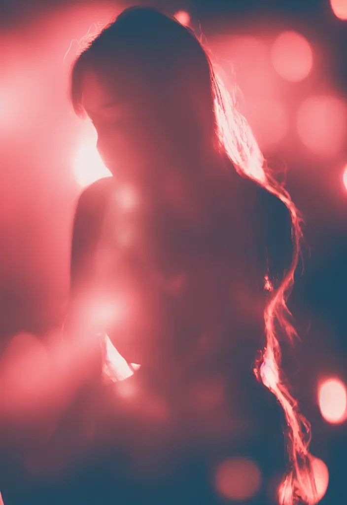 Image similar to photograph of a beautiful woman illuminated by red light , night , 85 mm f1.4