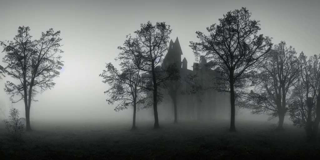 Prompt: castle on the forest, scary, dawn, foggy area, black fog, photorealistic, panoramic shot, 4 k