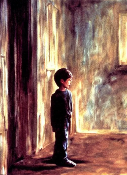 Image similar to detailed expressive painting of a boy in a hall. masterpiece. still from a movie by Terrence Malick and Tarkovsky