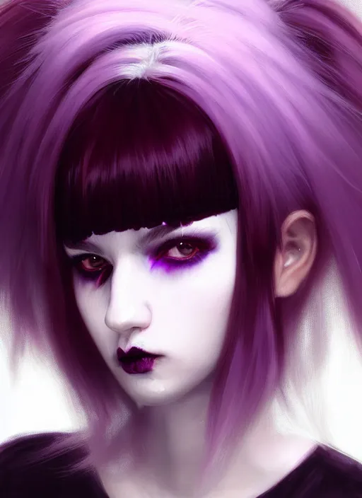 Image similar to portrait of white teenage girl, normal face, white bangs, mall goth, cyberlox, black and white hair, bangs, fluffy bangs, red contact lenses, purple lipstick, intricate, elegant, highly detailed, digital painting, artstation, concept art, sharp focus, smooth, illustration, art by wlop, mars ravelo and greg rutkowski