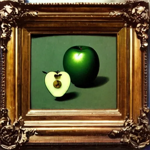 Image similar to Victorian gentlemen wearing a bowler hat behind the green apple, by magritte and beksinski
