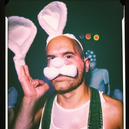 Prompt: grainy head to shoulder portrait polaroid film photograph of a man wearing a bunny costume in a rave party. looking at the camera!!. super resolution. extremely detailed. polaroid 6 0 0 film. by annie leibovitz and richard avedon