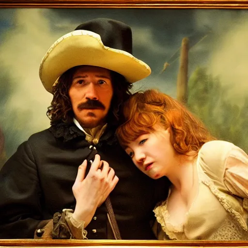 Image similar to Cyrano de Bergerac and Roxanne (Haley Bennet), are looking a teach other hand romantically. dramatic, high contrast, romantic, theatrical, lumnious, cinematic lights, oil canvas by Csók István, Munkácsi and Hollósy Simon