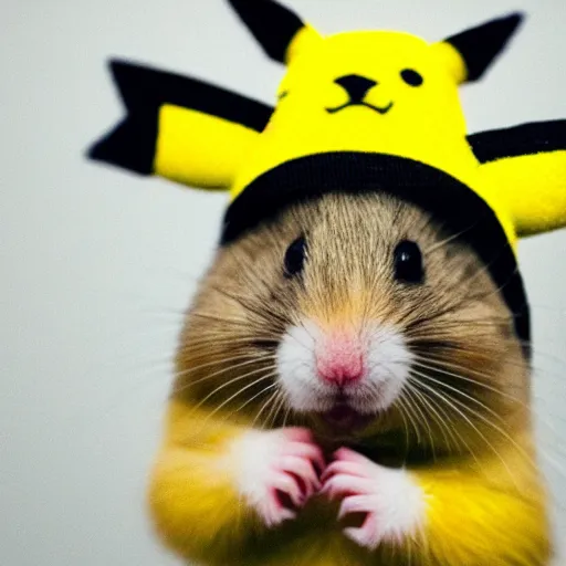 Image similar to a hamster wearing a pikachu hat