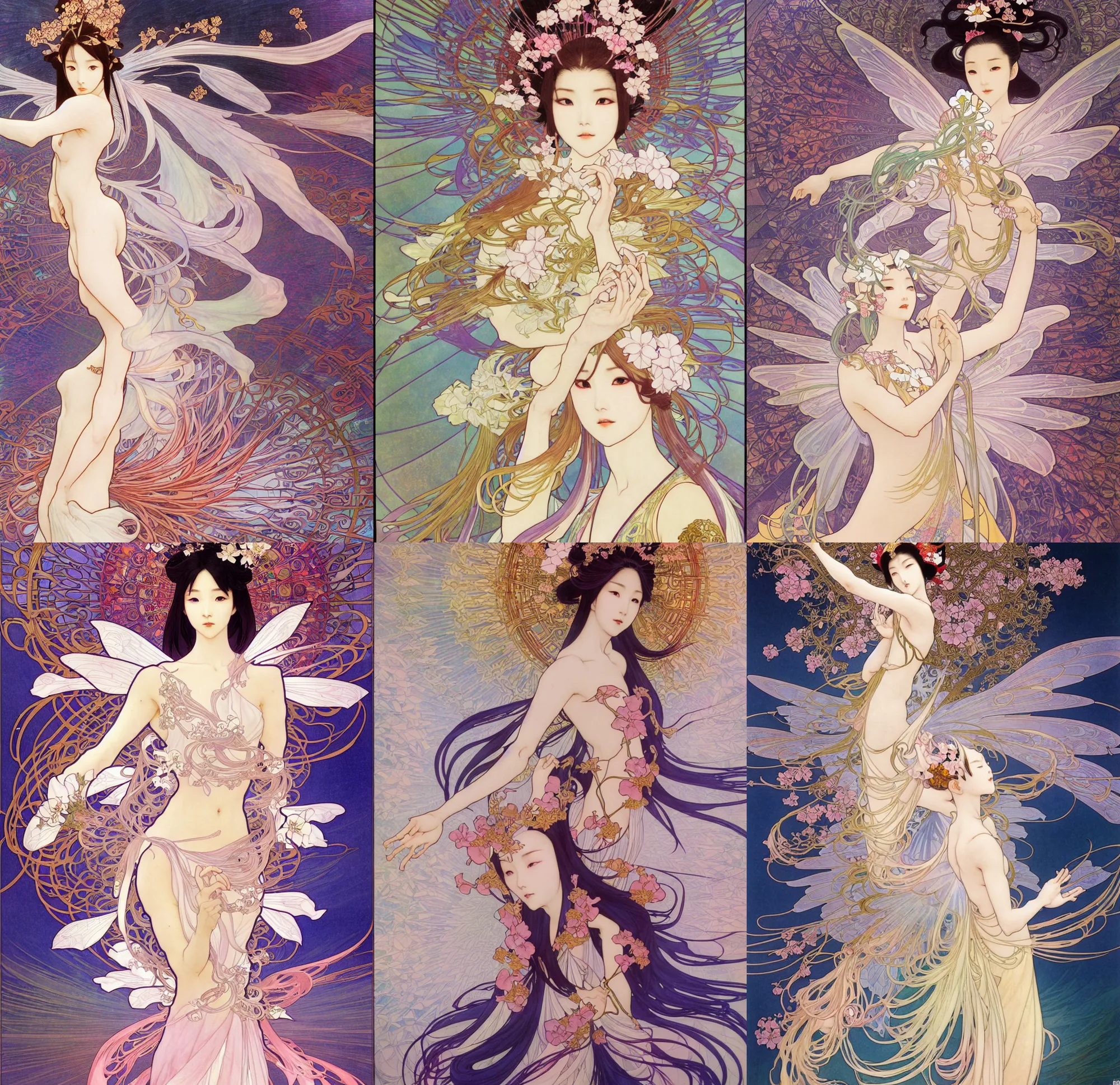 Prompt: deco art by yoshitaka amano, alfons mucha and makoto shinkai. chinese taoist fairy goddess. liu yifei, hyper detailed, character concept, full body, dynamic pose, intricate, lineart, cerpuscular rays, lily flowers. 8 k